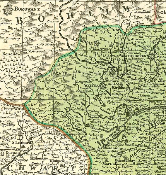 "Archiducatus Austriae Inferioris accuratissima tabula..." Copper engraving by M. Seutter, ca 1740. Hand coloring.

For a 30% discount enter MAPS30 at chekout&nbsp;

Very detailed map with the course of the Danube in the upper middle area. On the left the Danube enters at Enns and Steyr and flows out on the right side at Presburg. In the upper left corner is Rudolfstadt in Bohemia. In the upper right is Landtshut and Goding on the Moravia River. In the lower left is Rottenman in Styria. 