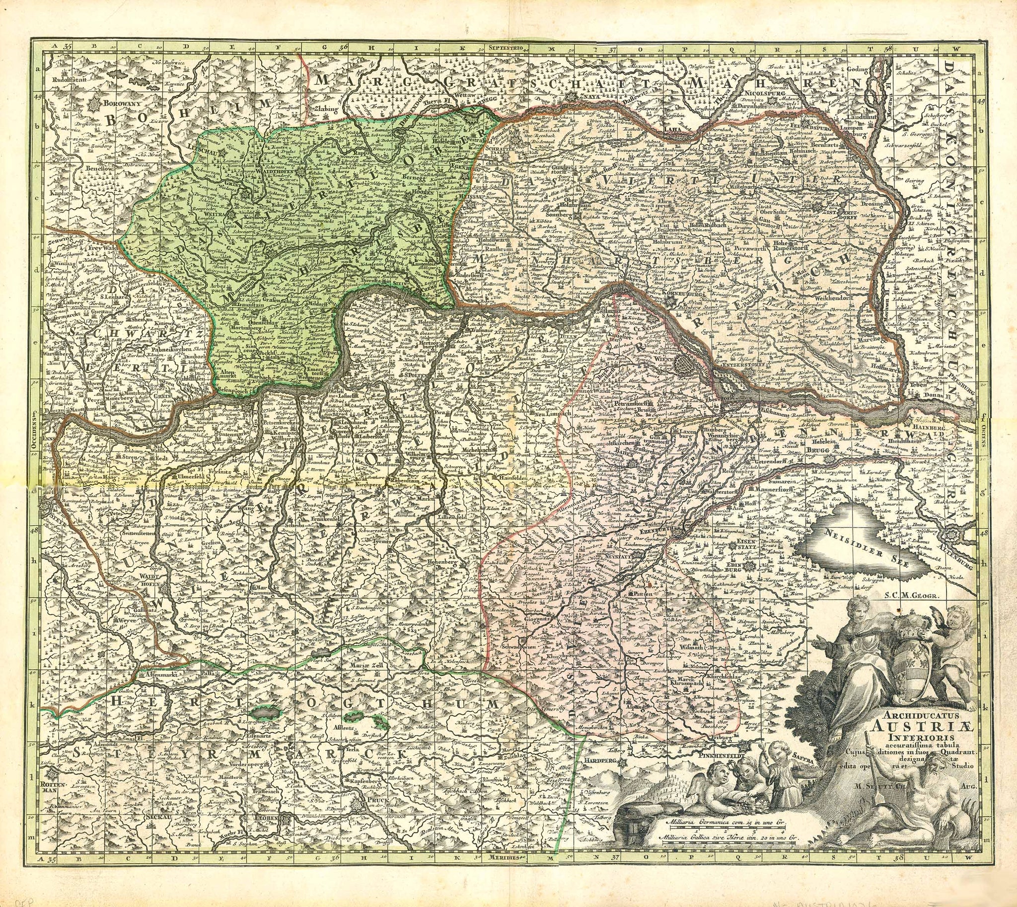 "Archiducatus Austriae Inferioris accuratissima tabula..." Copper engraving by M. Seutter, ca 1740. Hand coloring.

For a 30% discount enter MAPS30 at chekout&nbsp;

Very detailed map with the course of the Danube in the upper middle area. On the left the Danube enters at Enns and Steyr and flows out on the right side at Presburg. In the upper left corner is Rudolfstadt in Bohemia. In the upper right is Landtshut and Goding on the Moravia River. In the lower left is Rottenman in Styria. 