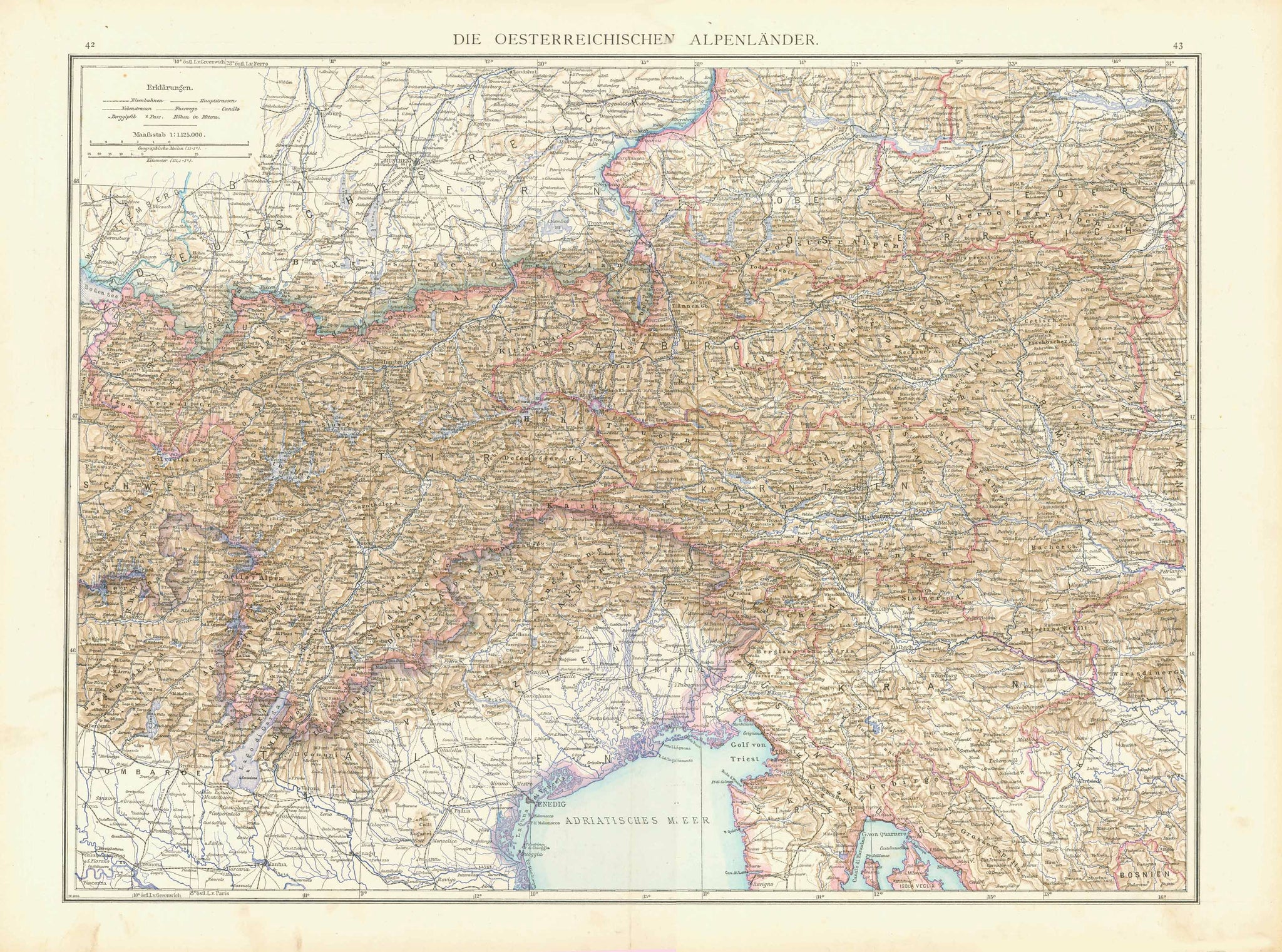 Antique maps, "Die Oesterreichischen Alpenlaender"  For a 30% discount enter MAPS30 at chekout   Map image: 36 x 47 cm (14.1 x 18.5")  ********  Reverse side:  Left map: "Ungarn" Map image: 23 x 38 cm (9 x 14.9")  Right map: "Boehmen und Maehren" 23 x 36 cm (9 x 14.1") There is a color key in the lower right corner of both maps showing the political divisions at the time.  These maps were printed in color ca. 1890 on both sides of strong paper.