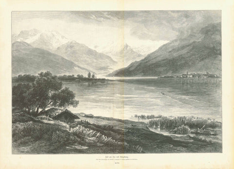 Antique print, "Zell am See und Umgebung"  Salzburger Land, Salzachtal, Thumersbach, Schmitterhoehe  Wood engraving by Ernst Friedrich Heyn (1841-1894). After a photograph.  View across Zeller Lake towards Zähm am See and, in the background, the Alpine mountain chain of the Hoher Tauern. From a German publication, 1894  Original antique print  