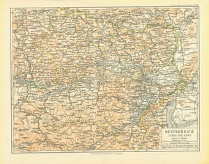 "Oesterreich Unter Der Enns"  Austria, Enns, St. Polton, Rotteman, Budweis  Detailed map published 1892. In the center is St. Polten. In the lower left is Rotteman and in the upper left is Budweis.  Original antique print  