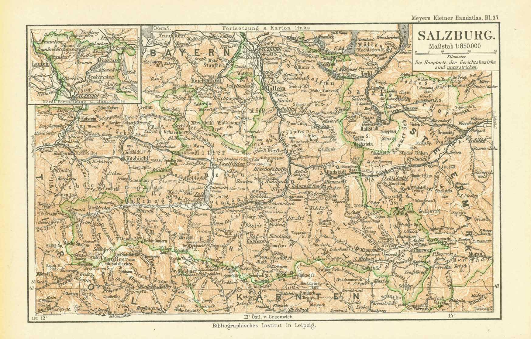 Original antique map,  "Salzburg"  Detailed map of the area to the south of Salzburg, located at the top of the map. In the upper left is and inset of Salzburg and the area to the north.  In the lower part of the map is Kaernten. Published 1892.