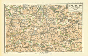 Original antique map,  "Salzburg"  Detailed map of the area to the south of Salzburg, located at the top of the map. In the upper left is and inset of Salzburg and the area to the north.  In the lower part of the map is Kaernten. Published 1892.