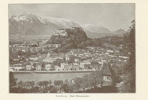 Original antique print  of Salzburg in Austria, "Salzburg"  Wood engraving made after a photograph 1906. On the reverse side is text about Austria. 