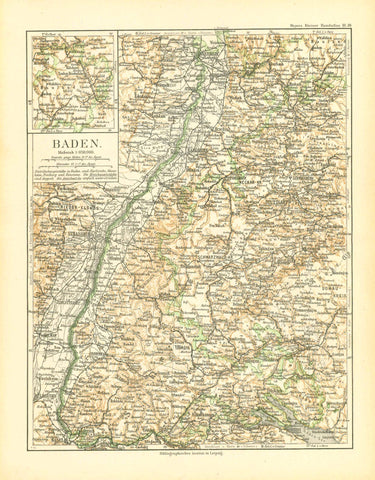 Antique map, "Baden"  For a 30% discount enter MAPS30 at chekout   Very detailed map printed in color ca 1890 of Baden Wuertemberg.  In the upper left is a small detailed inset with Tauber Bischofsheim in the center and Krautheim in the south.          Original antique print  