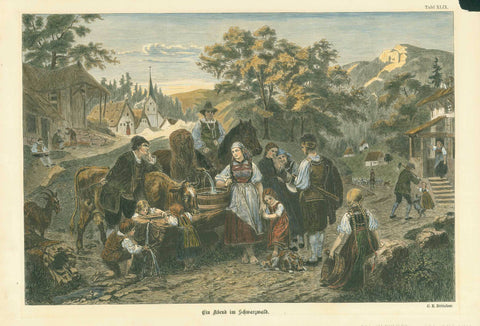 Antique print, "Ein Abend in Schwarzwald"  Dog, Cow, Goat, Horse  Wood engraving after C. E. Bettcher published 1873.  Original antique print  