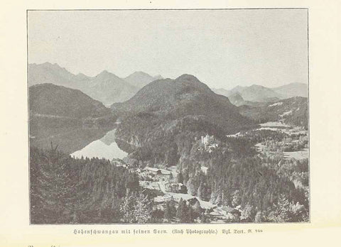 Original antique print  Bavaria, Germany,  "Hohenschwangau mit seinen Seen" (Hohenschwangau with its lakes)  Wood engraving made after a photograph 1906 Bayern, Bavaria, Hohenschwangau, Alpsee, Ostallgaeu,Bayern, Bavaria, Hohenschwangau, Alpsee, Ostallgaeu,