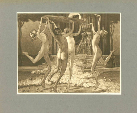 Original antique print  "SCHWESTERN DER SALOME" (Salome's Sisters)

From a special, numbered edition (Nr. 272 of 500 exemplars), we offer with pleasure and pride some of the famed heliogravures of "Bayros Mappe". The collection was so successful, that the publisher decided to print a second edition in the same year, 1921.
The heliogravures were arranged in in four groupings:
- "Symphonie von der Güte, die Schönheit ist"
- "Weib"
- "Florentiner Phantasien"
- "Salome"
- "Varia"
And preceded by a preface intro