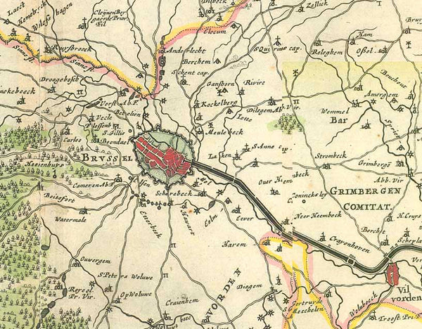 "Secunda Pars Brabantiae cuius urbs primaria Bruxellae..."

For a 30% discount enter MAPS30 at chekout&nbsp;

Copper etching by Michaele Florentio a Lagren for Jan Jansson (1588-1664). Published in 1647. Modern hand coloring.

Original antique map

This map is west oriented (west is at the top). Right in the center of this map is Brussels. In the upper right is the Schelde River and Dendermonde. In the lower right is Mechlin right above the milelage chart. In the lower left is the region of Namur with the 