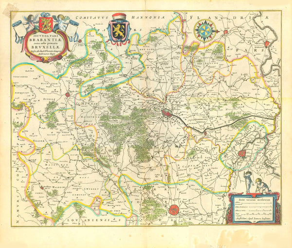 "Secunda Pars Brabantiae cuius urbs primaria Bruxellae..."

For a 30% discount enter MAPS30 at chekout&nbsp;

Copper etching by Michaele Florentio a Lagren for Jan Jansson (1588-1664). Published in 1647. Modern hand coloring.

Original antique map

This map is west oriented (west is at the top). Right in the center of this map is Brussels. In the upper right is the Schelde River and Dendermonde. In the lower right is Mechlin right above the milelage chart. In the lower left is the region of Namur with the t