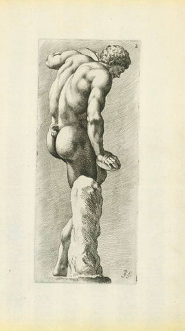 Antique print, Dancing Faun, back view. Fauno con Cimbali from behind  Copper etching by Jan de Bisschop (1628-1671)  Published in "Signorum veteran Icones (Bisschop)"  Nr. 2 of series  Amsterdam, 1668  Statue in Uffizi Florence  Original antique print  