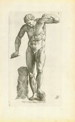 Antique print, Dancing Faun from another angle. Fauno con Cimbali  Copper etching by Jan de Bisschop (1628-1671)  Published in "Signorum veteran Icones (Bisschop)"  Nr. 3 of series  Amsterdam, 1668  Statue in Uffizi Florence  Original antique print  