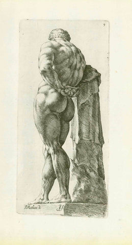 Antique print, status, Hercules (Heracles) from behind, leaning on pole with the skin of the Nemian Lion  Copper etching by Jan de Bisschop (1628-1671)  Published in "Signorum veteran Icones (Bisschop)"  Nr. 9 of series  Amsterdam, 1668  Statue in Uffizi Florence  Original antique print  