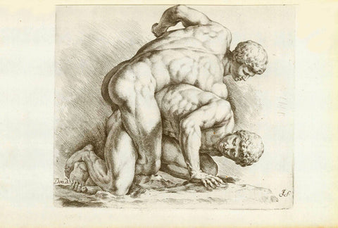 Antique print, statues, The Wrestlers - Die Ringer  Copper etching by Jan de Bisschop (1628-1671) of this famous group of two wrestling nude men. The marble group after which this copper etching was made, is exhibited in the Uffizi in Florence.  Published in "Signorum veteran Icones (Bisschop)"  Nr. 19 of series  Amsterdam, 1668  Statue in Uffizi Florence  Original antique print  