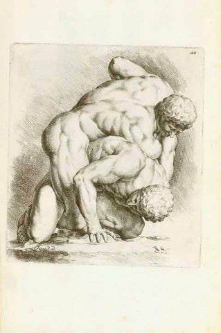Antique print, The Wrestlers - Die Ringer  Copper etching by Jan de Bisschop (1628-1671) of this famous group of two wrestling nude men. The marble group after which this copper etching was made, is exhibited in the Uffizi in Florence.  Published in "Signorum veteran Icones (Bisschop)"  Nr. 20 of series  Amsterdam, 1668  Statue in Uffizi Florence  Original antique print 