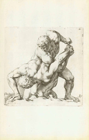 Antique print, The Wrestlers - Die Ringer  Copper etching by Jan de Bisschop (1628-1671) of this famous group of two wrestling nude men. The marble group after which this copper etching was made, is exhibited in the Uffizi in Florence.  Published in "Signorum veteran Icones (Bisschop)"  Nr. 22 of series  Amsterdam, 1668  Statue in Uffizi Florence , interior design, gift ideas, vintage, decoration