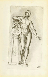 Bacchus with Lyra.  Copper etching by Jan de Bisschop (1628-1671)  Published in "Signorum veteran Icones (Bisschop)"  Nr. 37 of series  Amsterdam, 1668  Statue in Uffizi Florence  Original antique print 