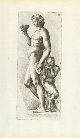 Antique print, Bacchus with a chalice of wine and a little faun with bunch of grapes by his side  Copper etching by Jan de Bisschop (1628-1671)  Published in "Signorum veteran Icones (Bisschop)"  Nr. 54 of series  Amsterdam, 1668  Statue in Uffizi Florence  Original antique print  