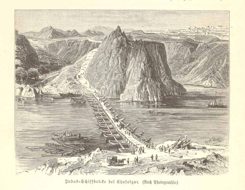 Original antique print , "Indus-Schiffbruecke bei Chufalgar"  Landscapes, Bridge, Indus, Chufalgar  Wood engraving made after a photograph. Published ca 1890.  Original antique print  