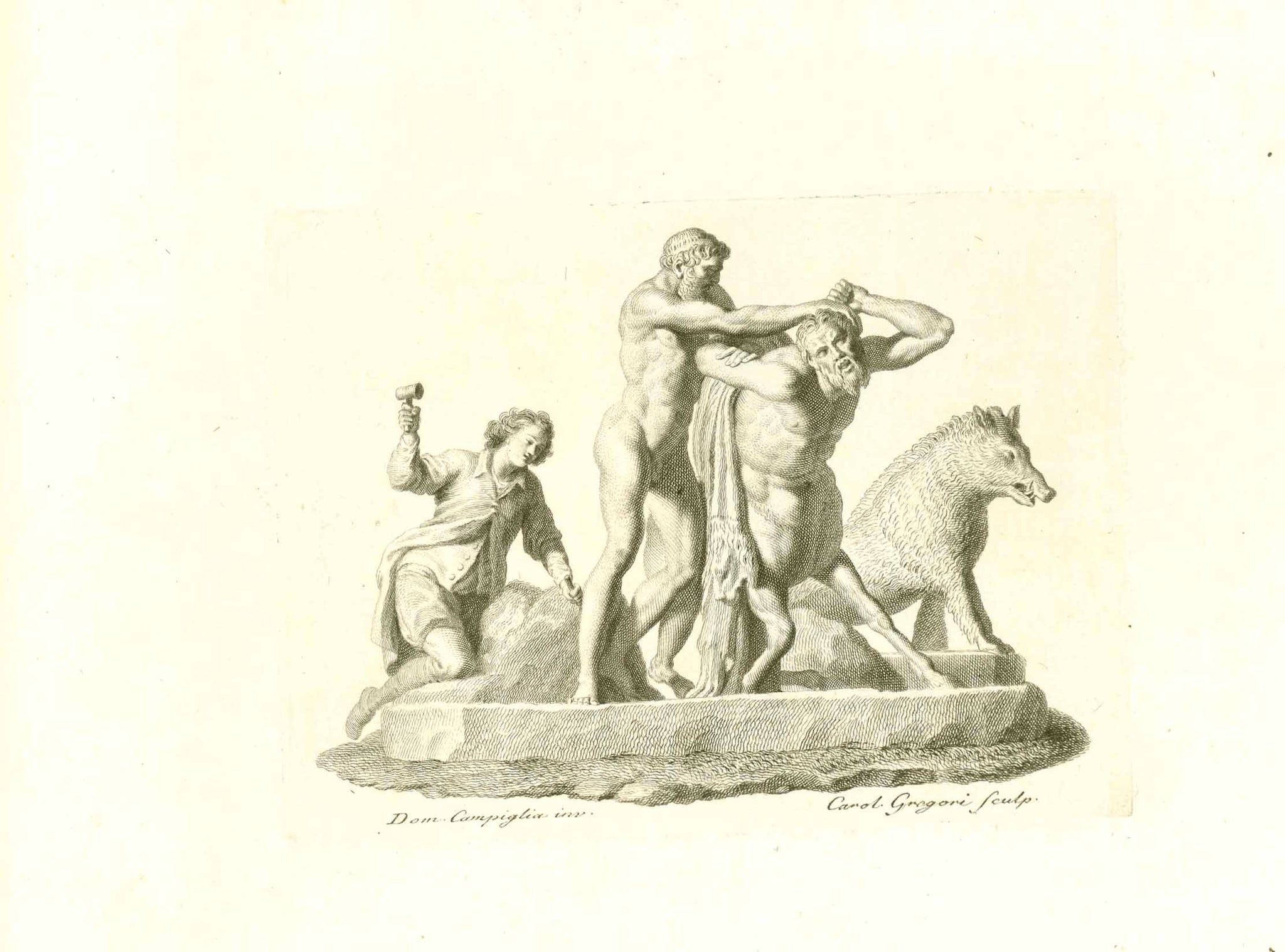 Original Antique mythological print, No title: Sculpturer working on a statue Heracles killing the centaur Nessus.  Copper engraving by Carol Gregory after Domenico Campiglia  Original antique print  