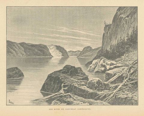 "Les Rives Du Saguenay (Amerique)"  Canada, Quebec, Saguenay  Wood engraving by Dosso ca 1890.  Original antique print  