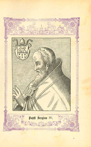 Original antique print  "Papst Sergius IV"  Pope Sergius IV was pope from 1009 to 1012. His name was Pietro Martino Buccaporci. The most important event during his rule was the prevention of Rome being overtaken by Emperor Otto III.  Wood engraving published ca 1875.  Original antique print  