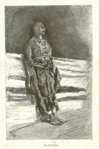 Original antique print  Peoples, Caucasia, Caucasian "Un Circassien"  Wood engraving published 1878. 