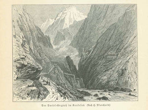 Original antique print  Landscapes, Georgia, Dariel Pass, Terek River, Kasbek "Der Dariel-Engpass im Kaukasus"  Wood engraving after H. Blanchard published 1901.