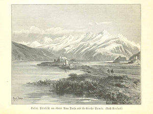 Antique print, "Kalai Paendsch an oberen Amu Darja und die Grosse Pamir"  Central Asia  Wood engraving on a page of text about early travels in Central Asia that continues on the reverse side of the page. Published 1881.  Original antique print  