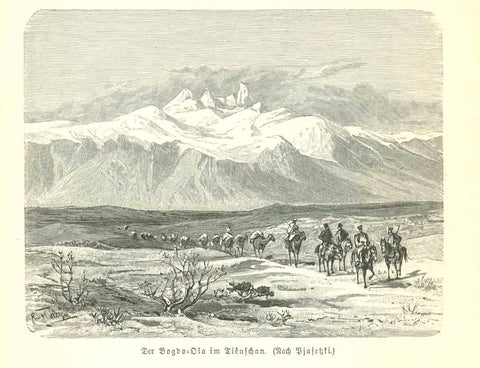 "Der Bogdo-Ola im Tienschan"   China Central Asia, Xinjiang,  Wood engraving on a page of text about early travels in Central Asia that continues on the reverse side of the page. Published 1881.  Original antique print  