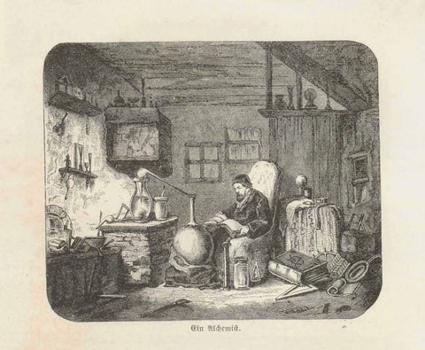 Antique print, "Ein Alchemist"  Wood engraving on a page of text about the development of chemistry that continues on the reverse side. Published 1859.  Original antique print  