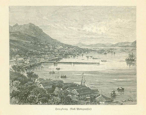 Original antique print  City Views, China, Hongkong, "Hongkong"  Wood engraving published 1895.