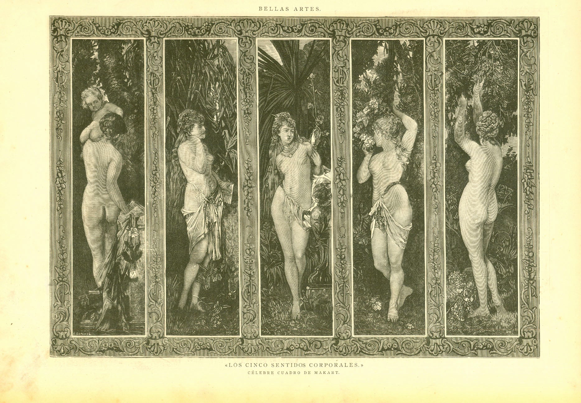 Original antique print  of "Los Cinco Sentidos Corporales" - the five Senses

Wood engraving made after a painting by Makart. Published 1884.