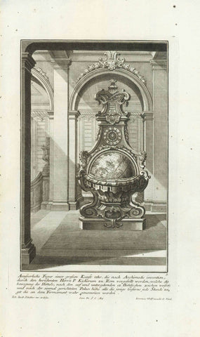 Original antique print  Above clock year, month and week day and. Below clock a rotating celestial globe.  Copper etching by Jeremias Wolff (1663-1724) after the drawing by Johann Jacob Schuebler (1689-1741)  Published in "Synopsis architecture"  Published by Jeremias Wolff. Augsburg, 1724