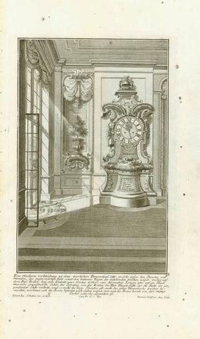 Original antique print , Clock, Perpendicle clock with year, month and daily date and, at left by the window, a sundial on the floor  Copper etching by Jeremias Wolff (1663-1724) after the drawing by Johann Jacob Schuebler (1689-1741)  Published in "Synopsis architecture"  Published by Jeremias Wolff. Augsburg, 1724