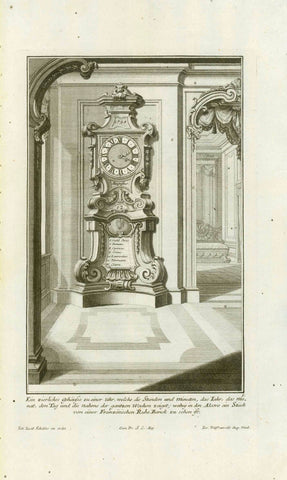 Original antique print , clock, interior design architecture, Copper etching by Jeremias Wolff (1663-1724) after the drawing by Johann Jacob Schuebler (1689-1741)  Published in "Synopsis architectureÉ"  Published by Jeremias Wolff. Augsburg, 1724  Very good condition. Margins with occasional spots.