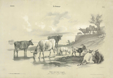 Original antique print  animals, Cows, "La Campagne"  "Etude aux deux crayons par Lehnert d'apres Berghem"  Beautiful pastoral lithograph by Lehnert after Berghem. Published ca 1850.