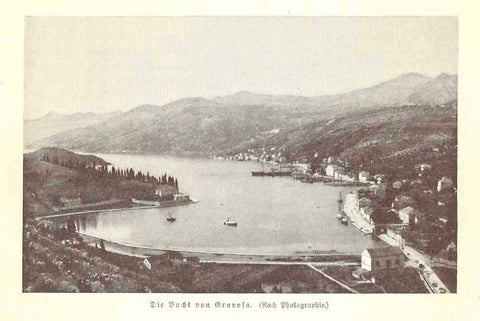 Original antique print  "Die Bucht von Gravosa" (Dubrovnik)  Wood engraving made after a photograph 1906. 