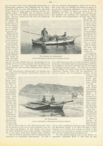 Original antique print  Marine Life, Crusteans, Landscapes, North Sea, Helgoland, Heligoland, Lobster, Upper image" Das Ausetzen der Hummerkoerbe" Lower image: "Am Hummerkasten"  Wood engravings made after photographs on a page of text about lobster fishing. On the reverse side is more text from an article titled "Der Nordee-Hummer" by Dr. C. Hoffbauer ca 1875.