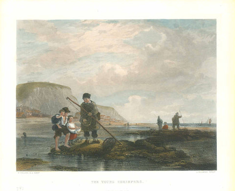 Original antique print , Marine Life, Crusteans, "The Young Shrimpers" Fine steel engraving by A. Willmore after a painting by W. Collins ca 1850.