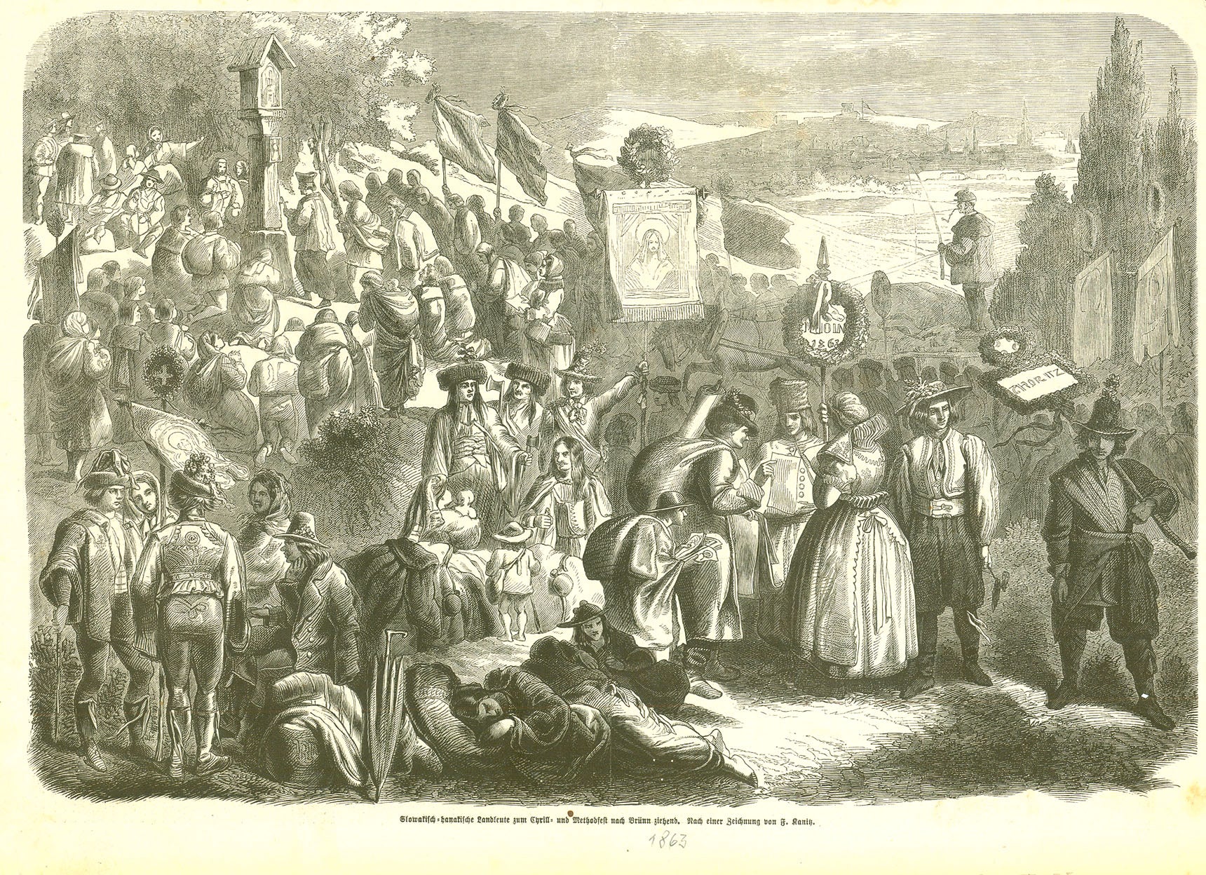 Original antique print  "Slowakisch-banakische Landleute zum Cyrill- und Methodfest nach Bruenn ziehend"

Wood engraving nach F. Kanitz. Published 1863. interior design, gift ideas, vintage, decoration 