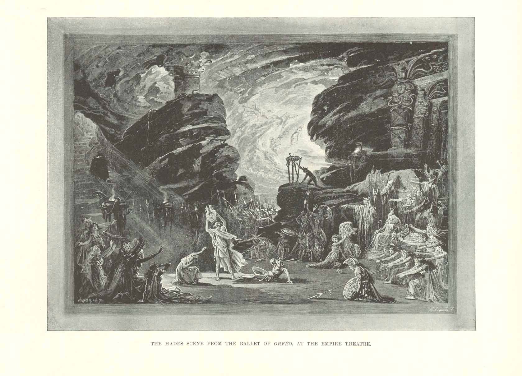 Original antique print , "From Hades Scene From The Ballet of "Orfeo", At the Empire Theater"  Wood engraving published 1886. On the reverse side is text about ballet.