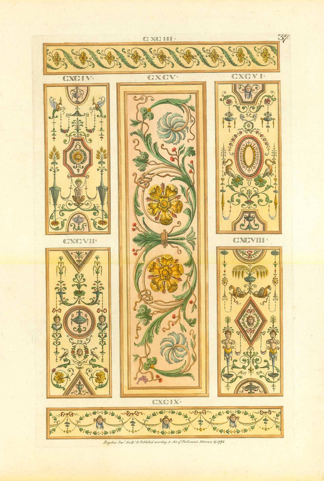 Original antique print  Classical decor for walls, furniture, etc.

Down the middle: Acanthus leaves in typical Renaissance style with flowers

The fields on left and right side filled with typical Renaissance decorations

Hand-colored copper etching by Michelangelo Pergolesi (?-1801)

Published in "Designs for various ornaments". London, 1771.&nbsp;