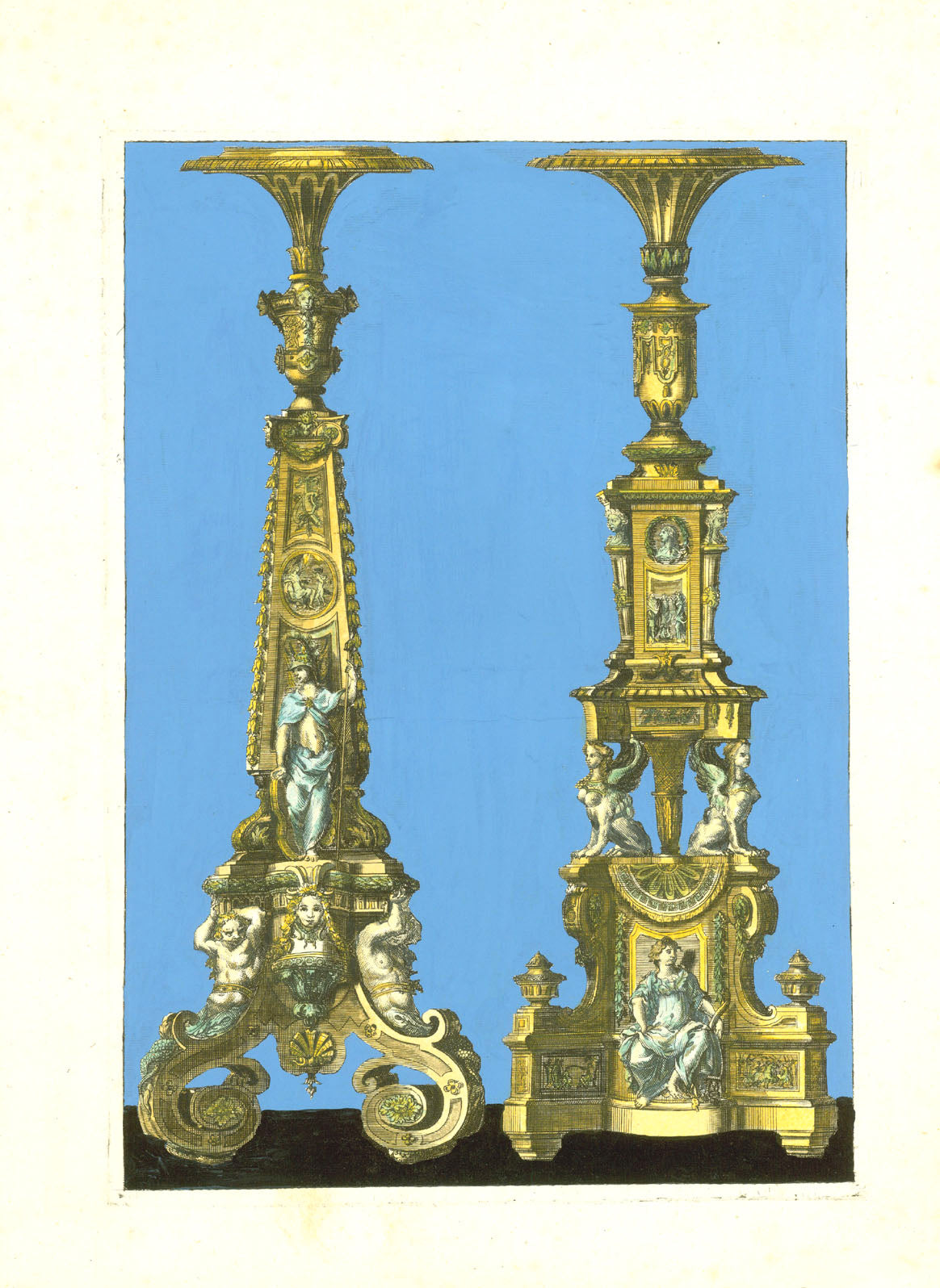 Original antique print  Candlesticks Interior Decoration

No title. Two candlesticks with baroque adornments

Copper etching by Jean Francois Forty

Published in "Oeuvres de sculptures en bronce etc."

Paris, ca. 1770

Candlesticks are on a base of black goauche surrounded by blue goauche. interior design, gift ideas, vintage, decoration 