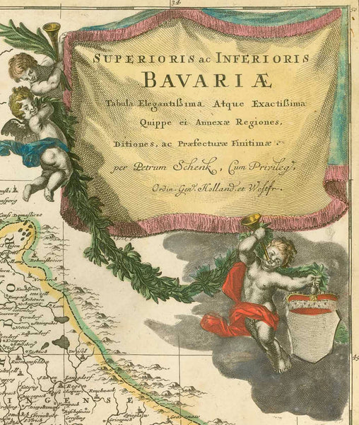Antique map, "Superioris ac Inferioris Bavariae Tabula Elegantissima Atque Exactissima Quappe et Annexae Regiones, Ditiones, ac Praefecturae Finitimae" For a 30% discount enter MAPS30 at chekout Map of Bavaria within the borders of ca. 1800 including the region of Salzburg (which becameAustrian in 1816) Copper etching with original hand coloring. Published by Peter Schenk (1693-1775) Amsterdam