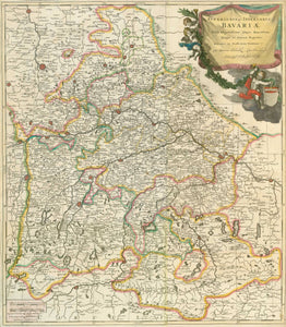 Antique map, "Superioris ac Inferioris Bavariae Tabula Elegantissima Atque Exactissima Quappe et Annexae Regiones, Ditiones, ac Praefecturae Finitimae"  For a 30% discount enter MAPS30 at chekout   Map of Bavaria within the borders of ca. 1800 including the region of Salzburg (which becameAustrian in 1816)  Copper etching with original hand coloring.  Published by Peter Schenk (1693-1775)  Amsterdam