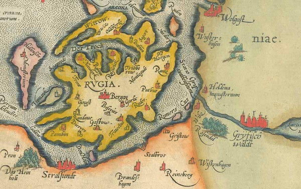 Original antique map of Germany, Rügen, Usedom, Juliae Wandalicarum, Ortelius, "Rugiae, Usedomiae, et Juliae Wandalicarum insularum Vera descriptio"  Fine map by Abraham Ortelius dated 1584.