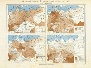 "Produktionskaertchen von Deutschland" "Nutzpflanzen"  Germany, Agriculture, Tobacco, Hemp, Flax, Beet Sugar, Wine  For a 30% discount enter MAPS30 at chekout&nbsp;  Interesting map showing the production areas of tobacco, hemp, flax, beet sugar and wine&nbsp;in Germany.  Published 1895 in Hildburghausen.&nbsp;  Original antique map