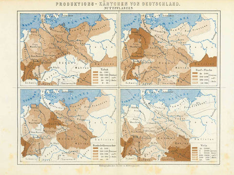 "Produktionskaertchen von Deutschland" "Nutzpflanzen"  Germany, Agriculture, Tobacco, Hemp, Flax, Beet Sugar, Wine  For a 30% discount enter MAPS30 at chekout&nbsp;  Interesting map showing the production areas of tobacco, hemp, flax, beet sugar and wine&nbsp;in Germany.  Published 1895 in Hildburghausen.&nbsp;  Original antique map