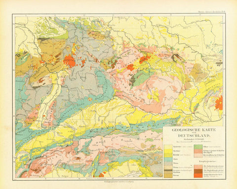 "Geologische Karte von Deutschland"

This interesting geological map extends from the Alps in the South as far north as Hannover.
In the upper right is the Oder River and the Carpathian Mountains with the Donau in the&nbsp;lower right. On the left is the Rhine River. In the lower right is the detailed color key to the map.

For a 30% discount enter MAPS30 at chekout&nbsp;

Map published in Leipzig 1892.